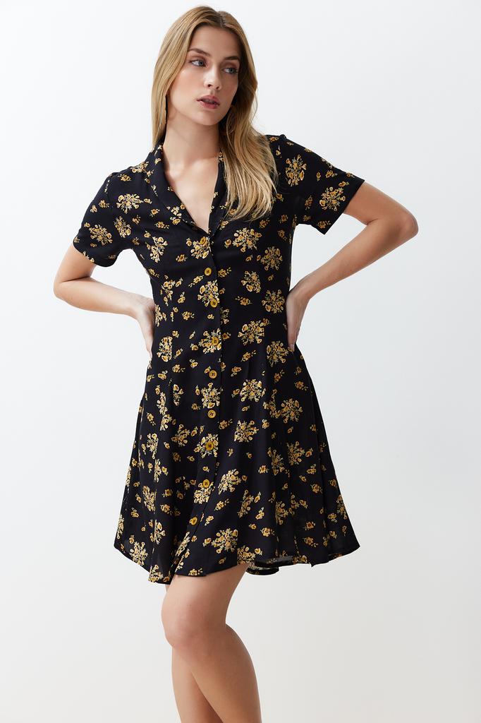 Женское платье, новый сезон, модное черное тканое мини-платье-рубашка с цветочным узором
