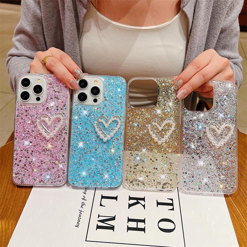 Роскошный блестящий силиконовый чехол для iPhone 15 Pro Max, 12, 11 - двухслойный дизайн Pearl Love, защита от падений
