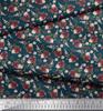 Soimoi Blue Poly Crepe Fabric Leaves & Chrysanthemum Floral Printed Fabric 1 metre 42 Inch