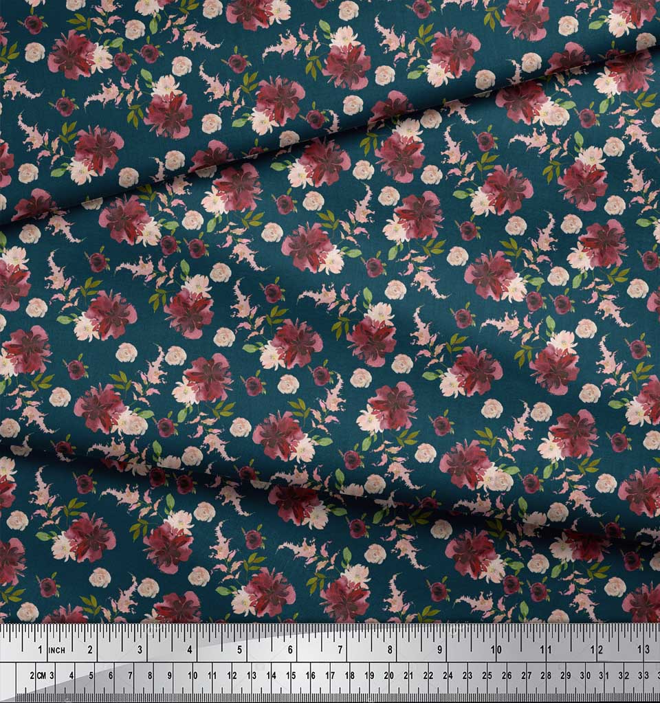 Soimoi Blue Poly Crepe Fabric Leaves & Chrysanthemum Floral Printed Fabric 1 metre 42 Inch