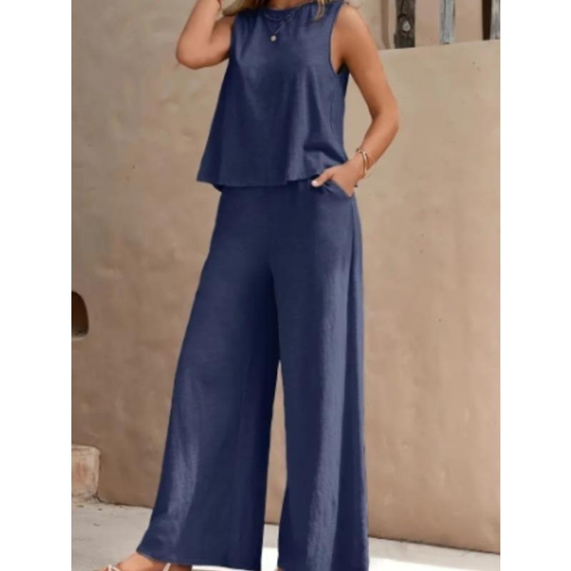 Women's Clothing Solid Color Elegant Two-piece Set Sleeveless Tank Top Wide Leg Loose Pants