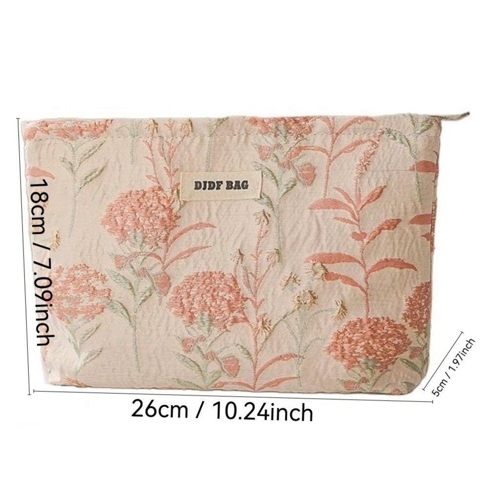 New Large Capacity Makeup Bag Floral Embroidered Cream Color Cosmetic Bag Zipper Toiletries Skincare Storage Bag Women