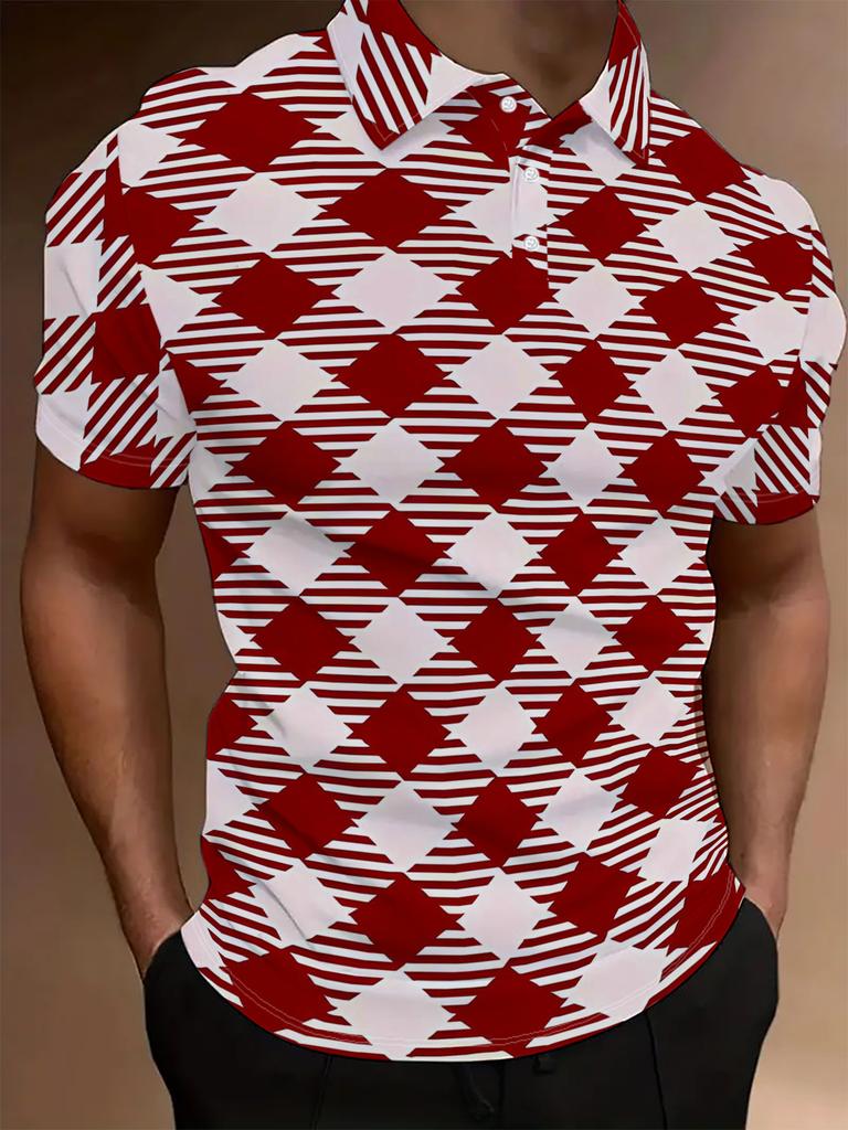 Printed Design – Not Textured Men's Short-Sleeve POLO - Flat Digital Print Pattern - No Texture - Red and White Checkered Tablecloth Pattern, Stylish