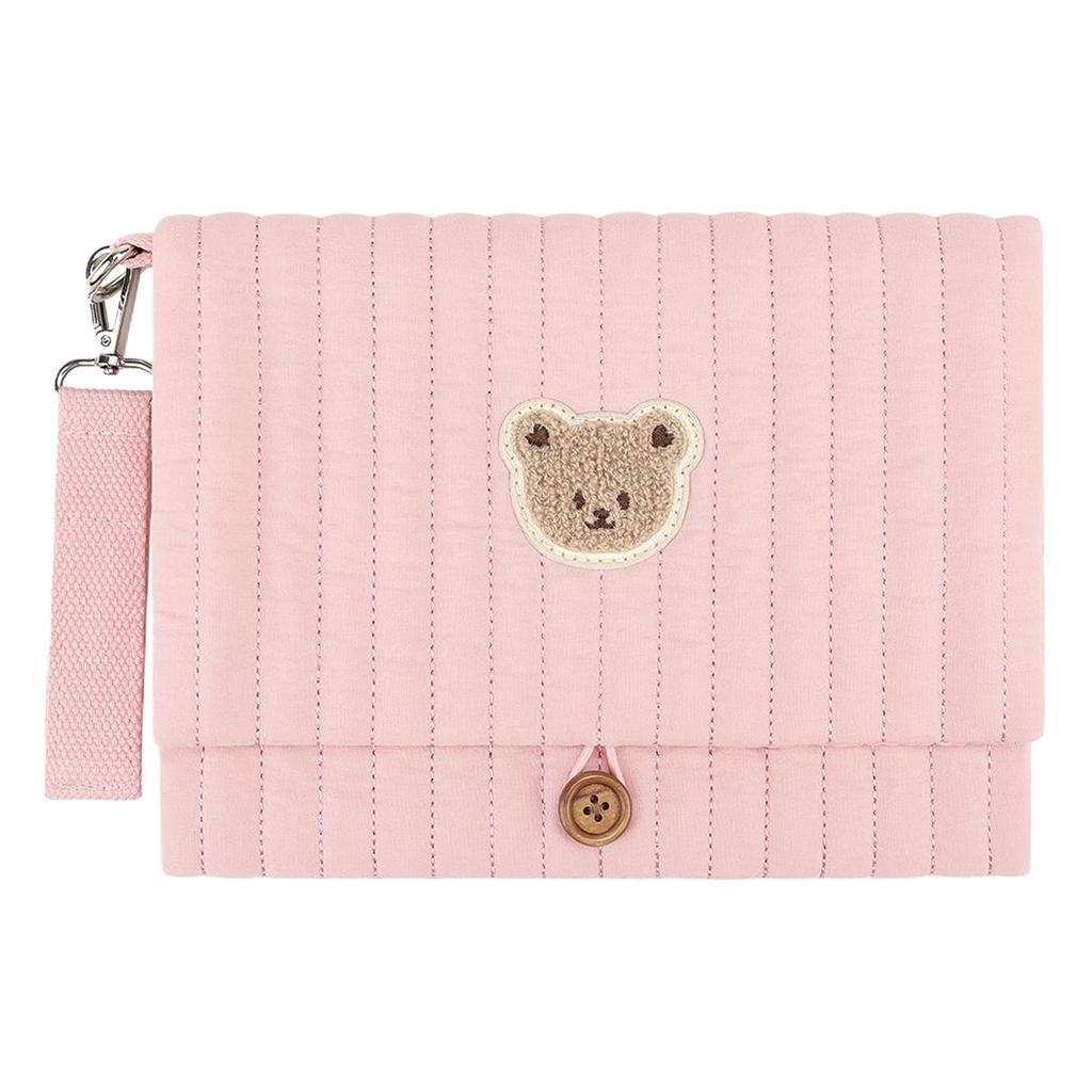 Cute Bear Embroidery Diaper Clutch Bag Foldable Quilted Diaper Pouch Multiple Pockets with Wipes Pocket Travel Essential for Mom