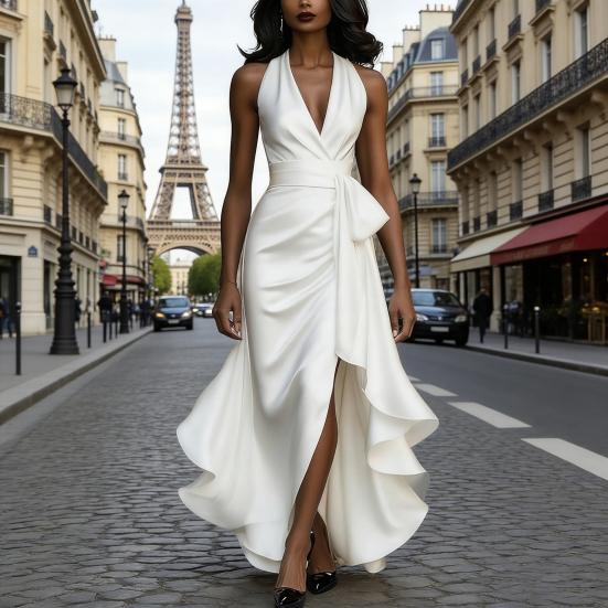 Женское атласное платье миди с оборками, высоким низом, без рукавов, с V-образным вырезом, халтер, завязкой на талии, для выпускного вечера, гостя на свадьбе, вечеринки, коктейля