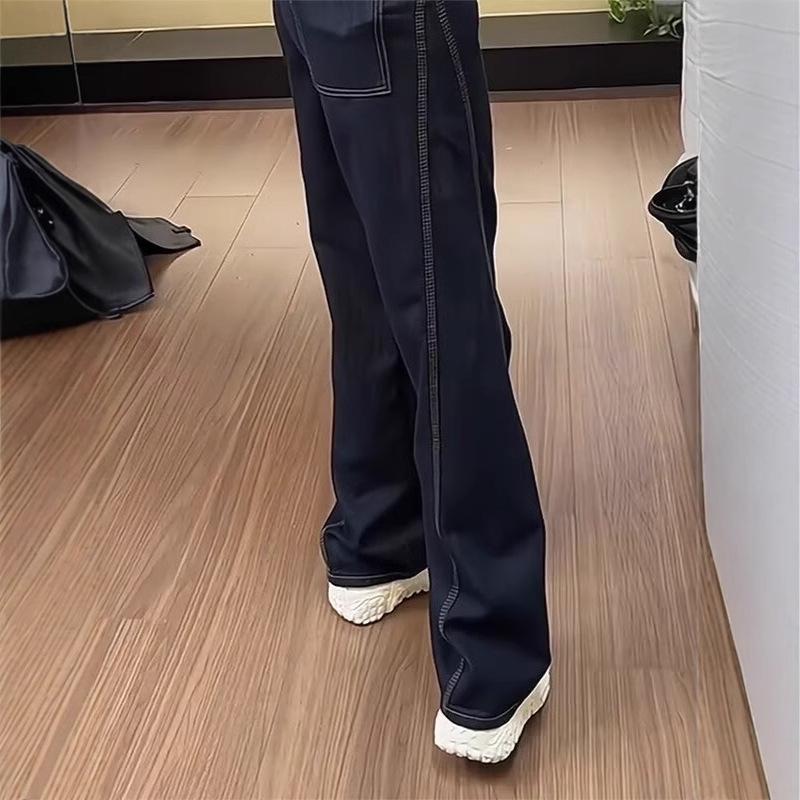 Женские джинсы широкие брюки в стиле ретро, европейский стиль - большой размер, тип фигуры "груша", стройнящие, универсальные для осени и зимы