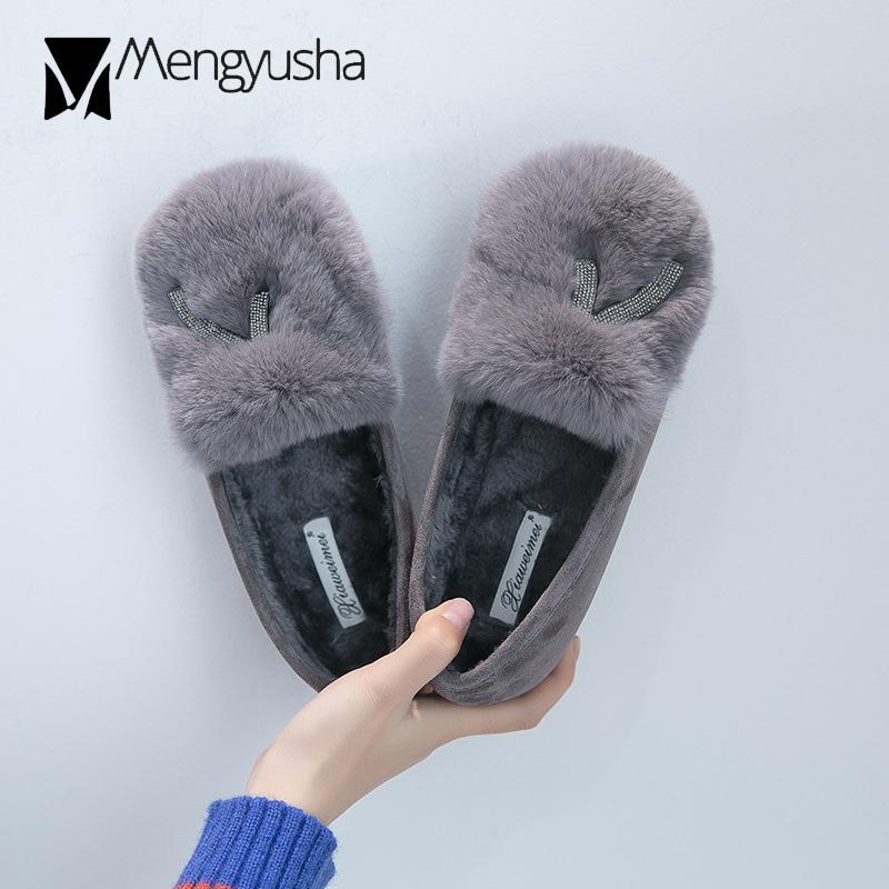 Genuine Rabbit Fur Winter Espadrilles Crystal V Decorate Plush Loafers Women Warm Shoes 41 42 All-match Thick Bottom Moccasins