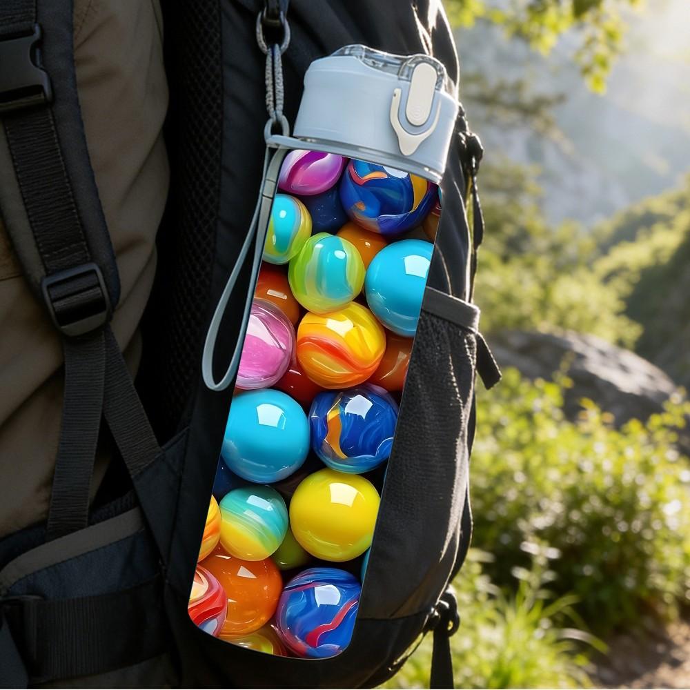 1PC Round Multicolored Ball Bead Print 750ml Color Plastic Sports Water Bottle Leakproof Flip Straw Lid Suitable for Sports Office Home Use