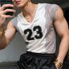 Men V Neck Sleeveless Lace Hem Letter Patchwork Casual Tank Tops Undershirts