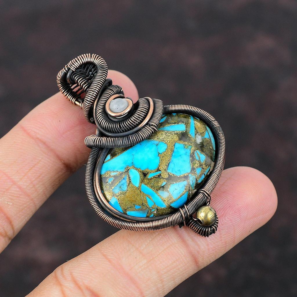 Медно-голубая бирюзовая подвеска, медная проволока, обернутая ювелирными изделиями, радужная подвеска с лунным камнем, драгоценные камни, подарочные украшения, ручная работа, медная проволока