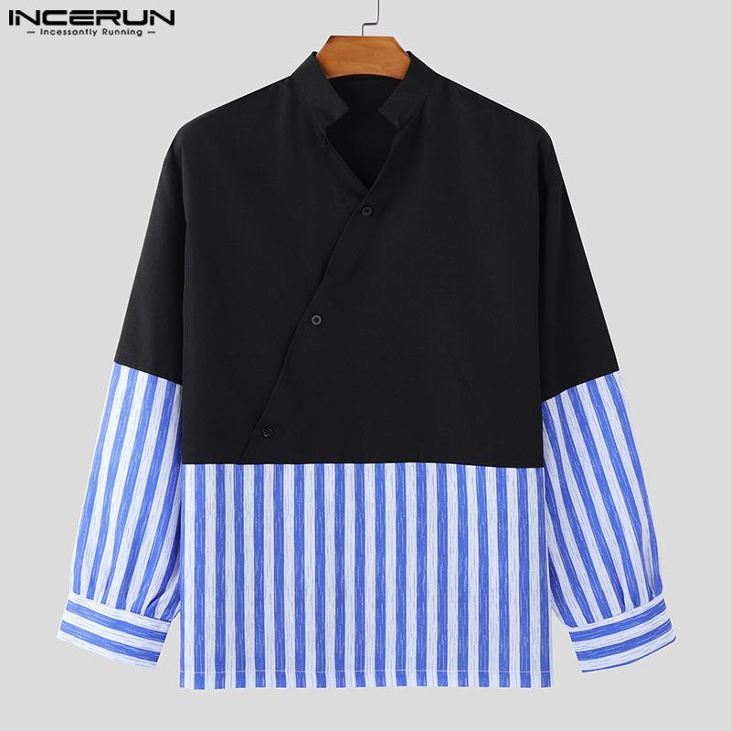 INCERUN Oversized Men Stand V Neck Long Sleeve Striped Patchwork Casual T-shirts Tops