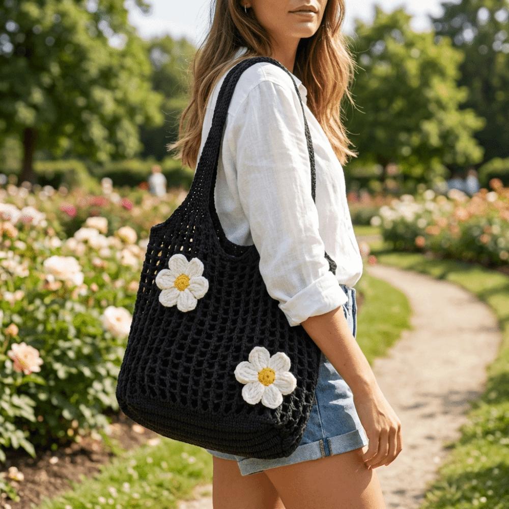 Flower Knitted Tote Bag Large Capacity Hollow Shoulder Bag Fashion Crochet Handbag Vacation