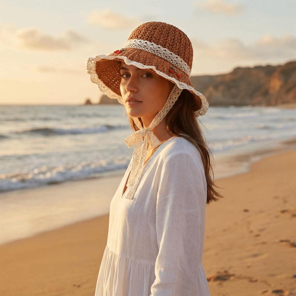 Cherry Embroidered Straw Fisherman Hat Lace Woven Bucket Hat Retro Women Sun Hat Ladies