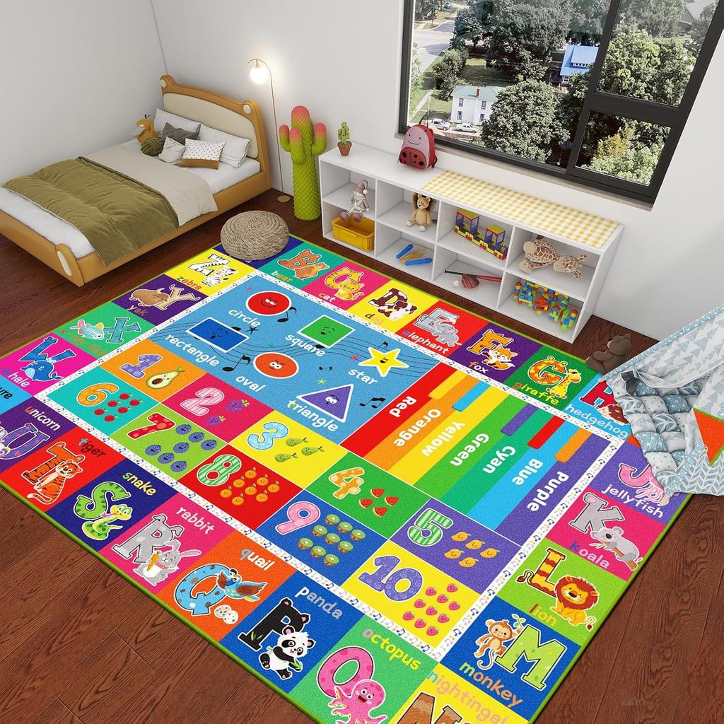 Educational ABC Kids Carpet with Numbers and Animals, Preschool Play Mat for Bedroom, Playroom, and Classroom