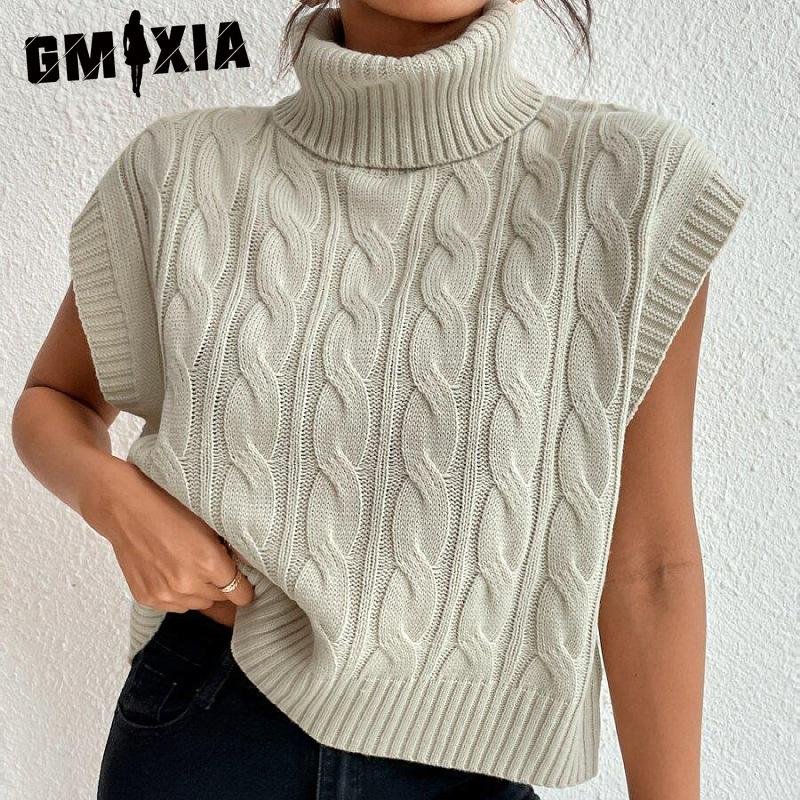 GMXIA Осенний трикотажный однотонный жилет без рукавов с высоким воротом и свободным переплетением цветов, с жилетом снаружи