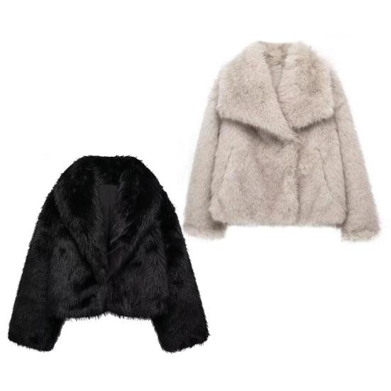 Осень-зима Женский кардиган Пальто Искусственный мех Утолщенный плюш Отложной воротник Чистый цвет Длинные рукава Однотонный кардиган Куртка