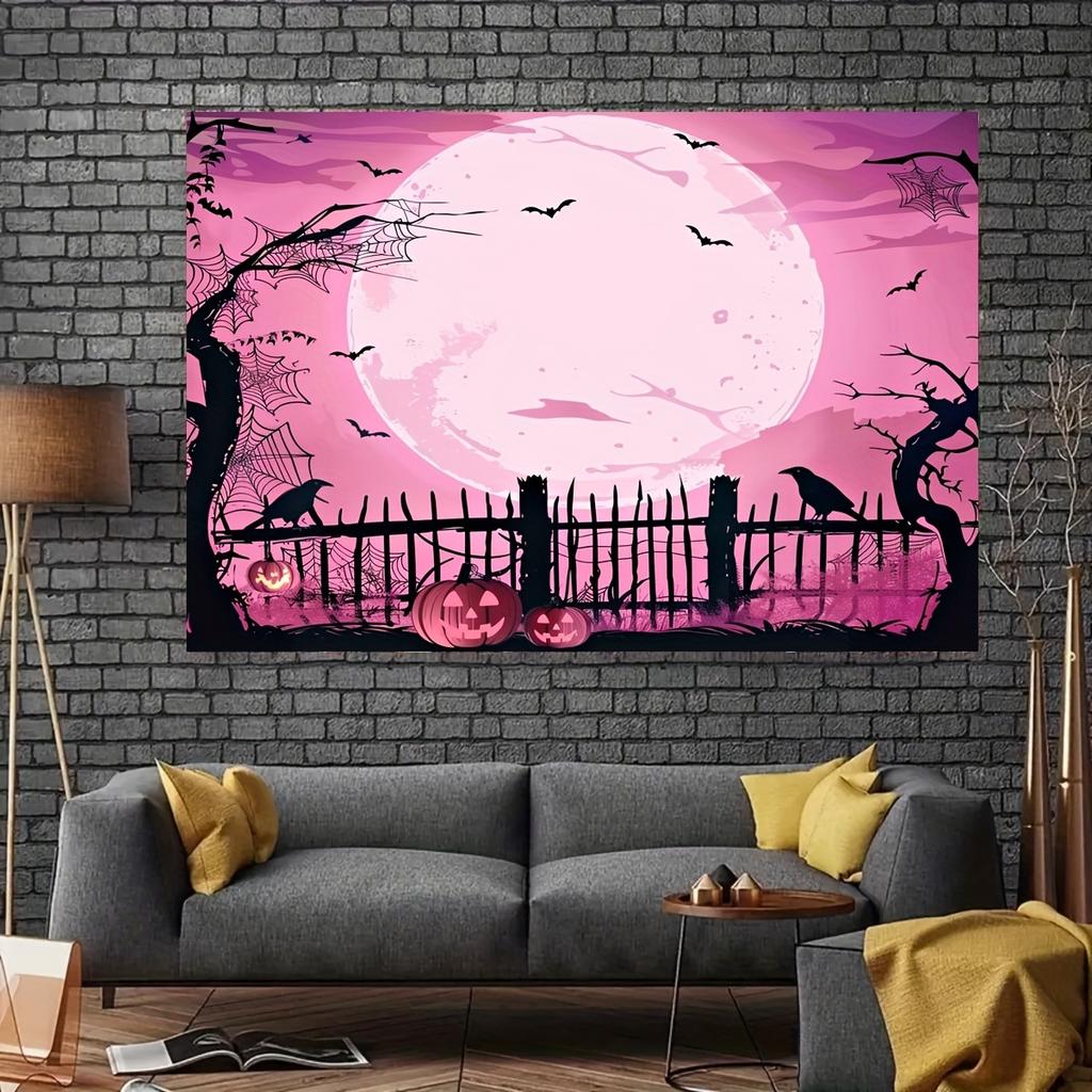 Halloween Moonlight Night Party - Large Pumpkin and Witch-Castle Horror House Design Polyester Background Fabric