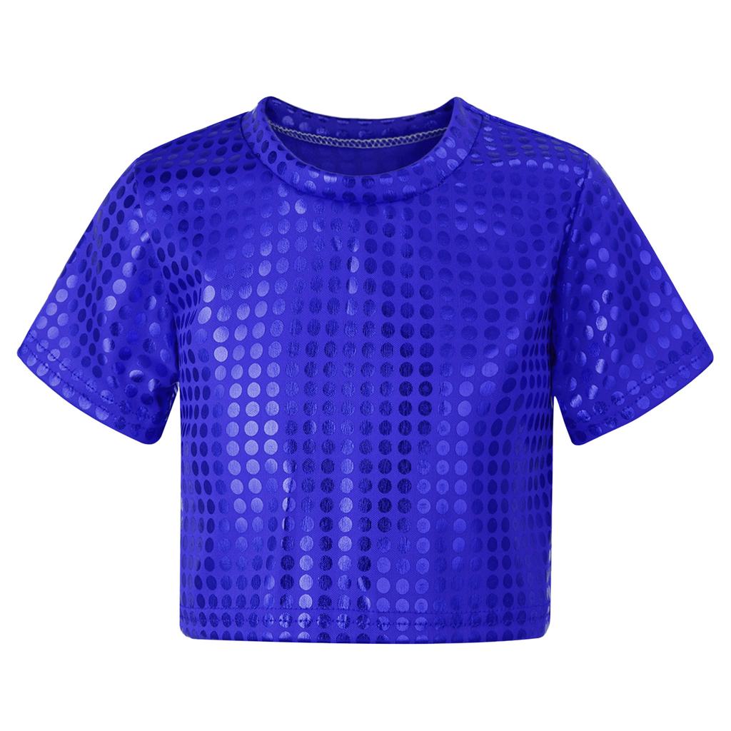 Boys Girls Sparkly Dance Crop Top Round Neck Short Sleeve Sequined Design for Performances
