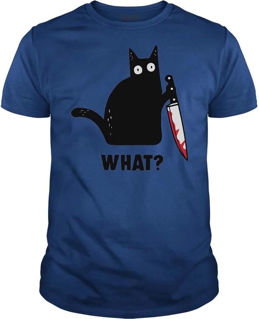 BustedTees What Cat Shirt with Knife Cute Black Cat Funny T-Shirt for Men and Women - Quality Men's Unisex Shirts