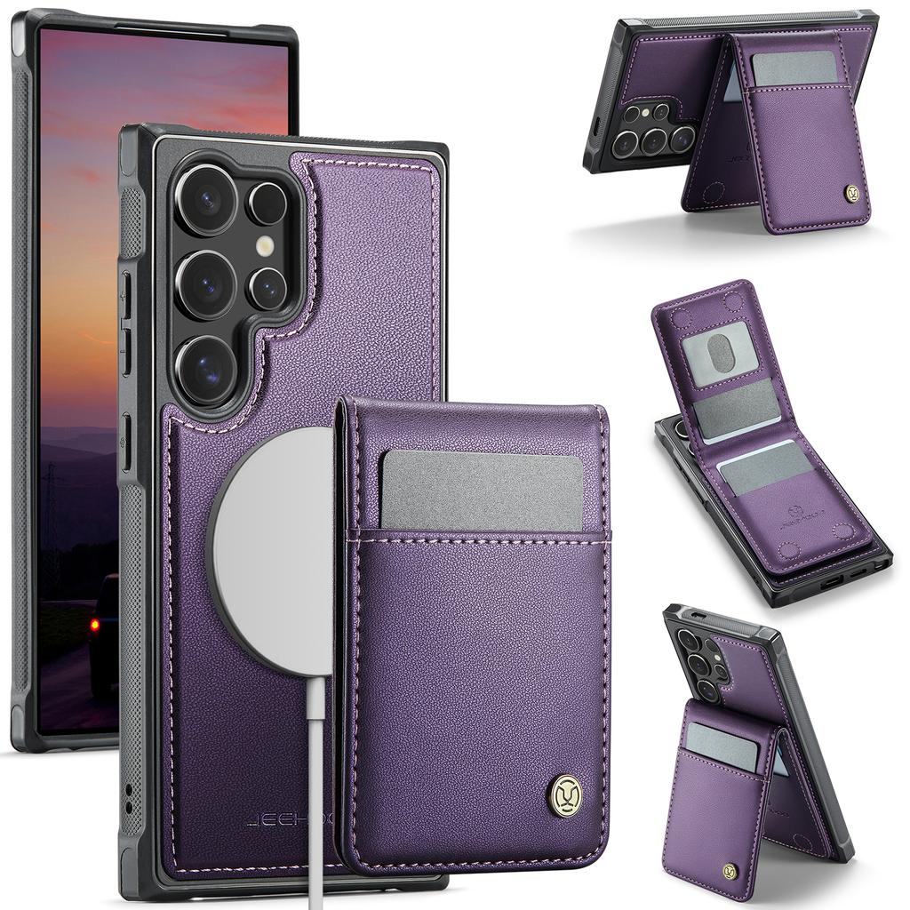 For Samsung Galaxy S26 Ultra Leather Back Cover JEEHOOD J06 Magnetic Phone Case with Card Bag RFID Blocking