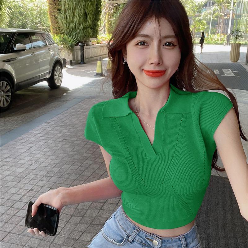 Новая футболка-поло с коротким рукавом и V-образным вырезом, короткая трикотажная футболка розового цвета для женщин