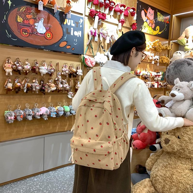 Вельветовый рюкзак с принтом клубники, школьная сумка в студенческом стиле, рюкзак большой вместимости