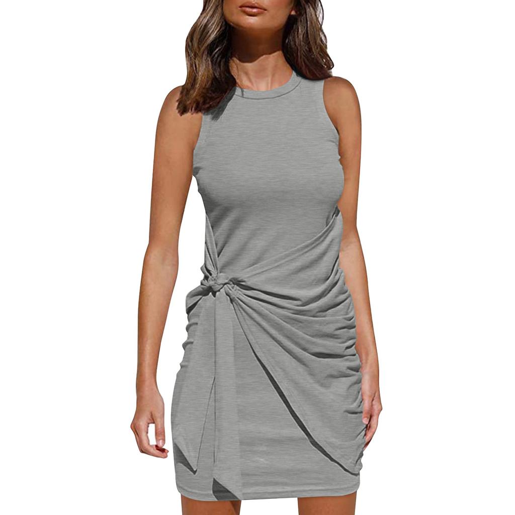 Женская мода однотонные платья без рукавов с круглым вырезом и нерегулярным поясом с запахом на бедрах