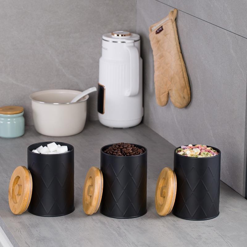 Household Reticulated Black Sealed Jar Coffee Bean Tea Bag Sugar Milk Grain Metal Storage Box Bamboo Lid Storage Jar