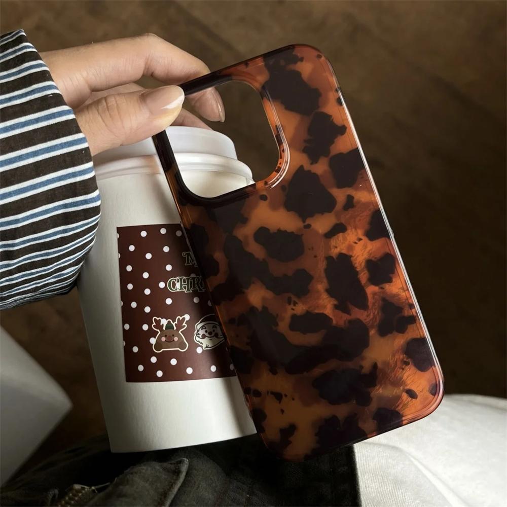 Retro Amber Texture Laser Phone Case For iPhone 17 16 15 14 Pro Max 13 Stylish Leopard Print Luxury Back Soft Cover Gift