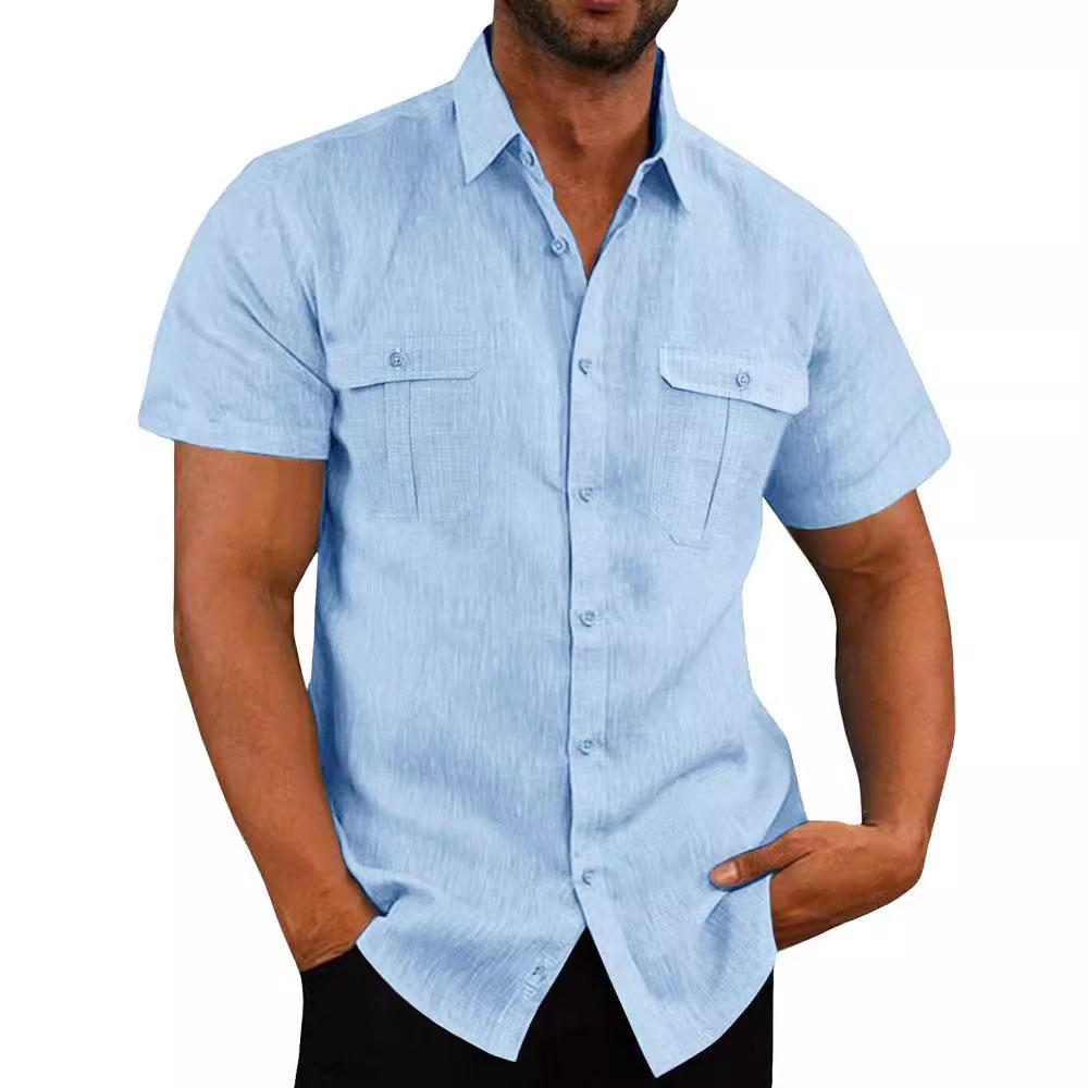 Men's Shirt Double Pocket Cotton Linen Short Sleeve Shirts for Men Casual Holiday Beach Shirt Streetwear Solid Color Slim Fit