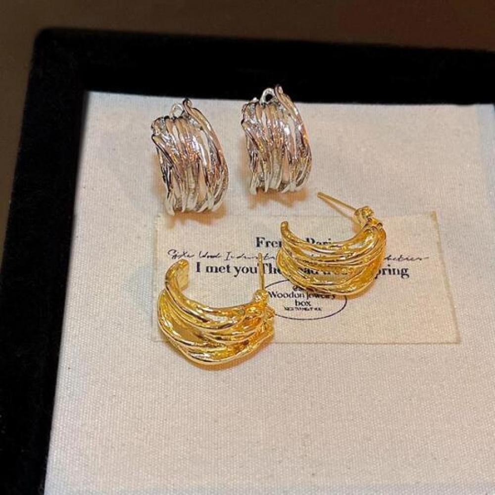 Open Run Thin Line Layered Gold Silver Simple Ring earRings
