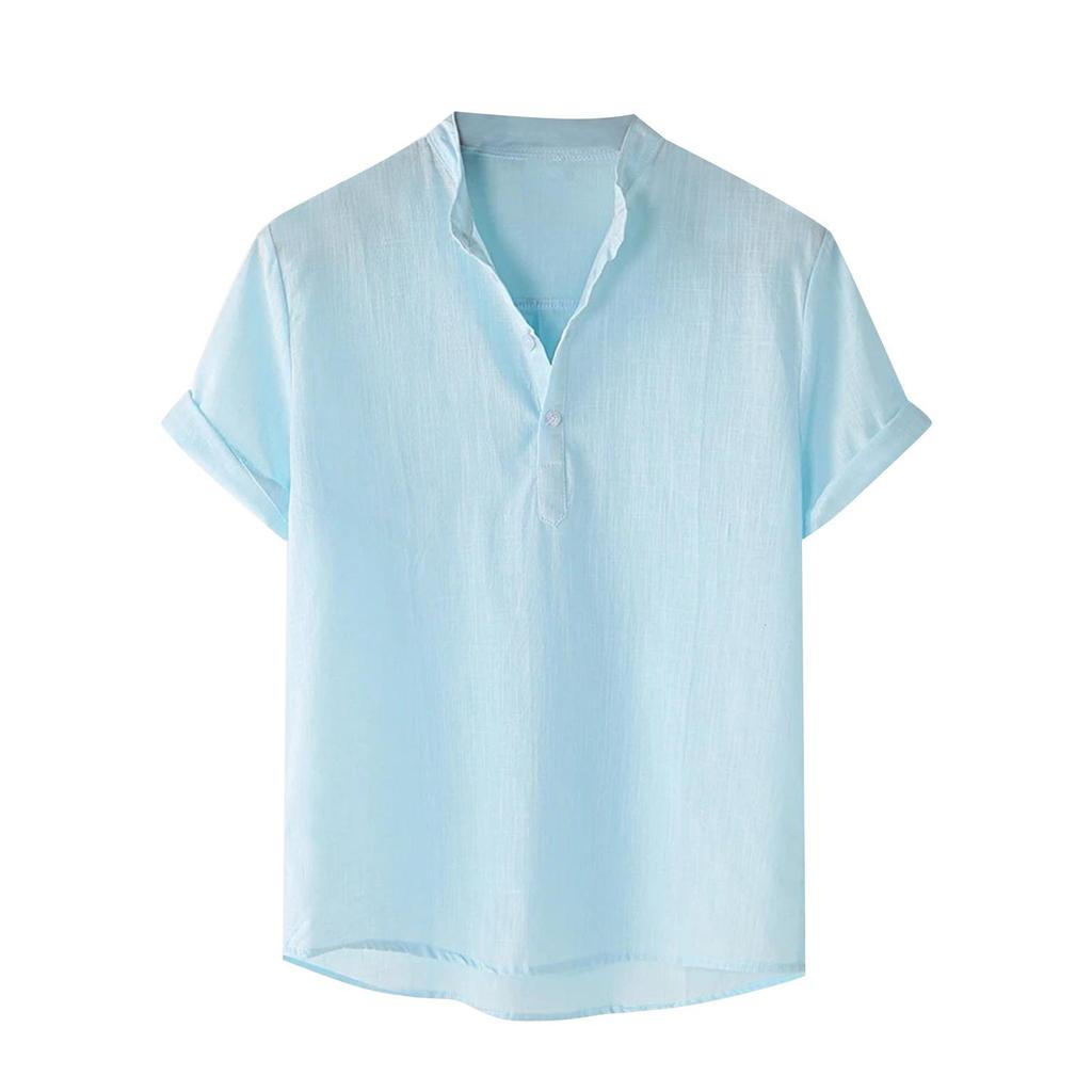Men's Cotton Linen Shirt Regular Fit Short Sleeve V Neck Button Down Summer Shirt Beach T Shirts