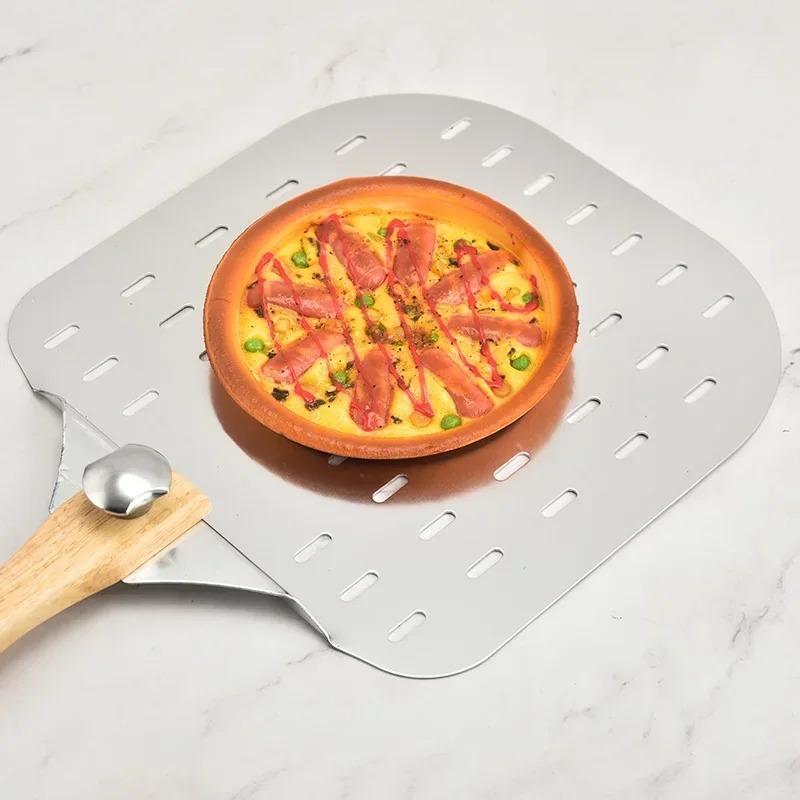 Перфорированная алюминиевая лопатка для пиццы со съемной резиновой деревянной ручкой – легкая лопатка для пиццы для удобного перемещения