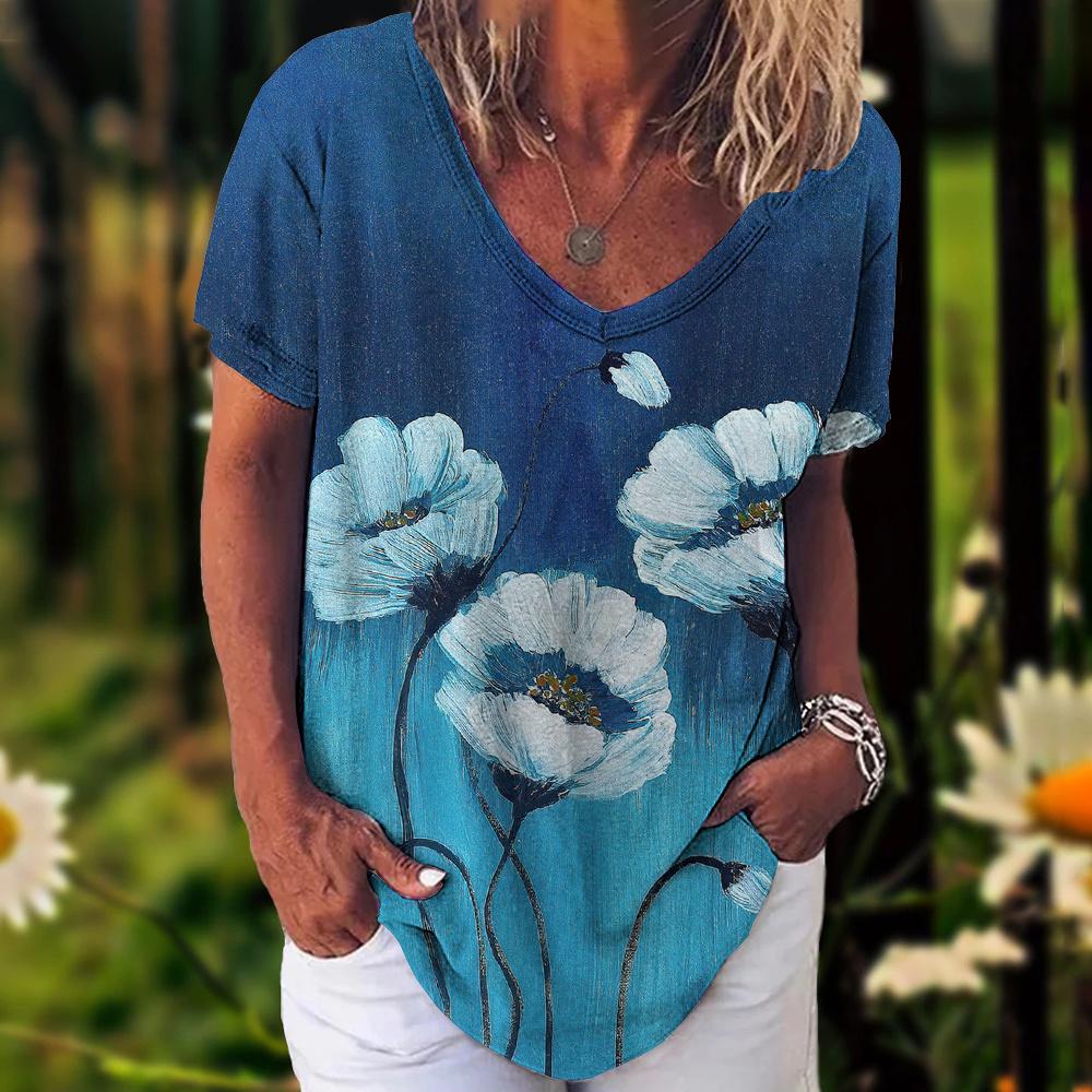 Новинка 2023 года, женская футболка, летние винтажные топы с цветочным принтом, повседневная блузка с v-образным вырезом, модный женский пуловер большого размера, женская одежда