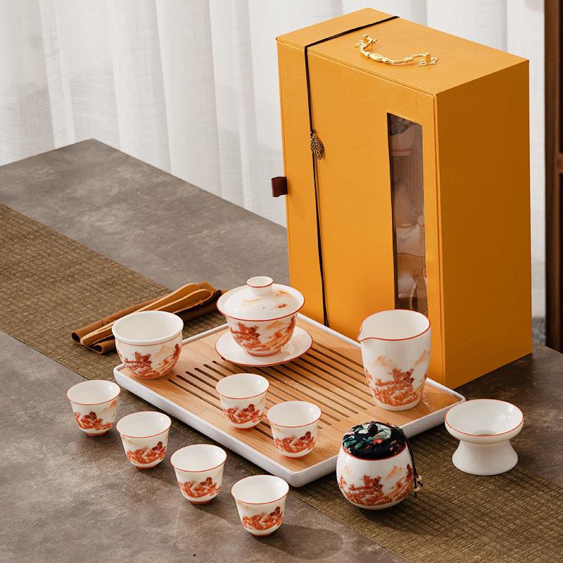 Dehua White Porcelain Sheep Fat Jade Kung Fu Tea Set Gaiwan Tea Cup Tea Tray Set Company Event Gift Souvenir