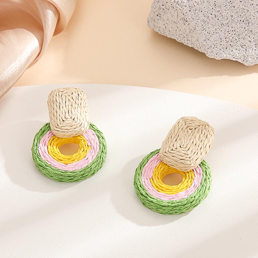 Women Rattan Earrings Boho Straw Wrapped Geometric Round Earrings Summer Tropical Beach Jewelry
