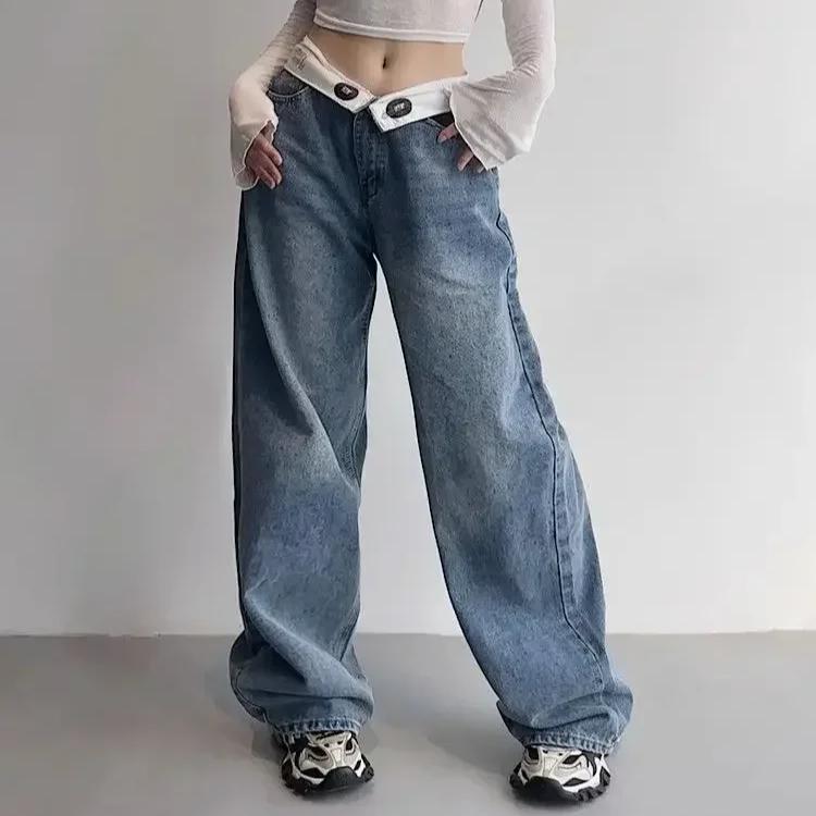 Винтажные джинсы Y2k, женские мешковатые уличные джинсы Kpop Gyaru, широкие синие джинсовые брюки Harajuku, корейские модные джинсы Acubi с высокой талией
