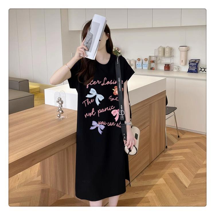 Женское модное свободное корейское платье-футболка, летнее платье Fat Mm с коротким рукавом выше колена, длинное повседневное платье с разрезом