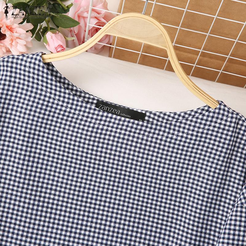 ZANZEA Женская повседневная блузка с круглым вырезом и рукавами 3/4 в клетку с принтом