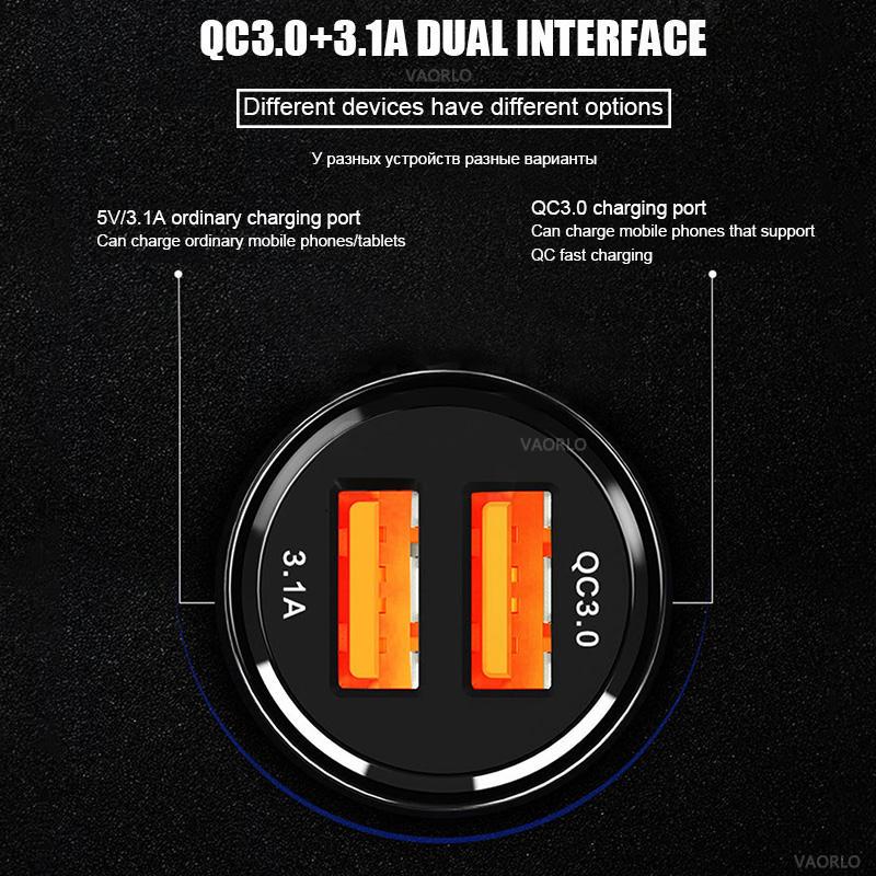 VAORLO Универсальное автомобильное зарядное устройство Quick Charge 3.0, двойной USB-адаптер, светодиодный дисплей, быстрая зарядка для iPhone, Samsung, Huawei, XiaoMi