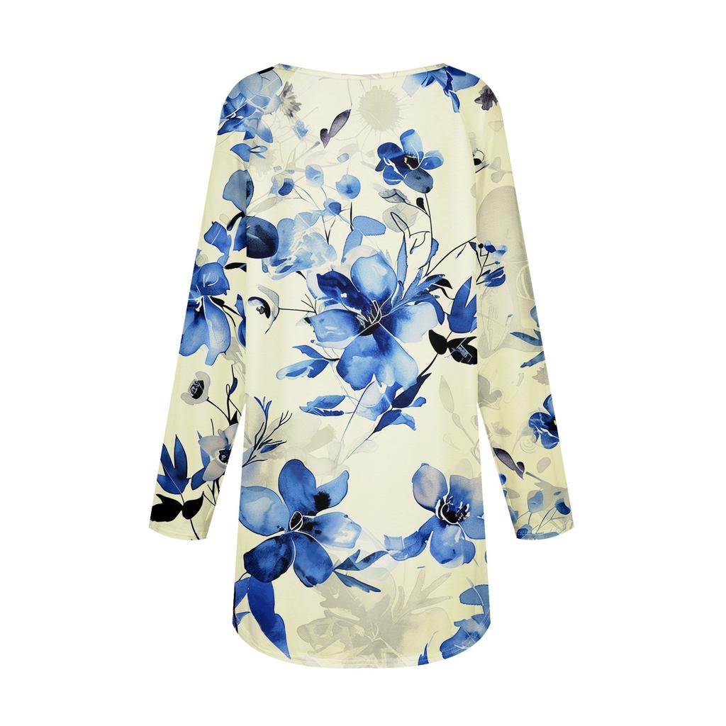 Women's Casual  Plus Size Long Sleeved Round Neck Printed T-shirt Top Pullover