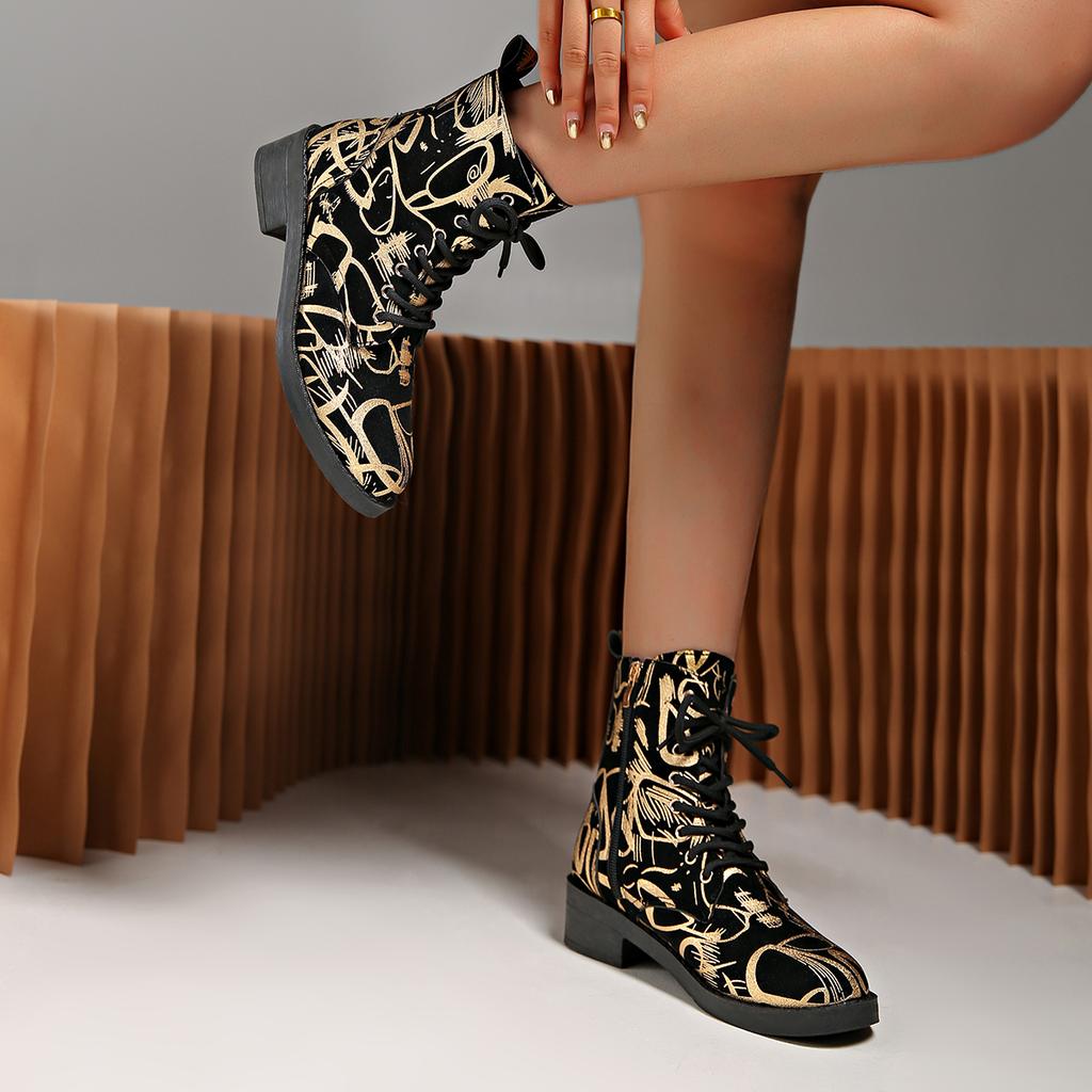 Women Shoes Autumn Winter New Foreign Trade Style Lace Up Print Short Boots Women Low Heel Pointed Head Low Barrel Women Boots