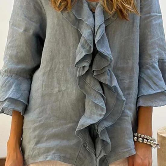 Women Shirt V-Neck 45355 Flying Sleeve Ruffle Stitching Design Solid Color Pullover Tops Loose Fit Casual