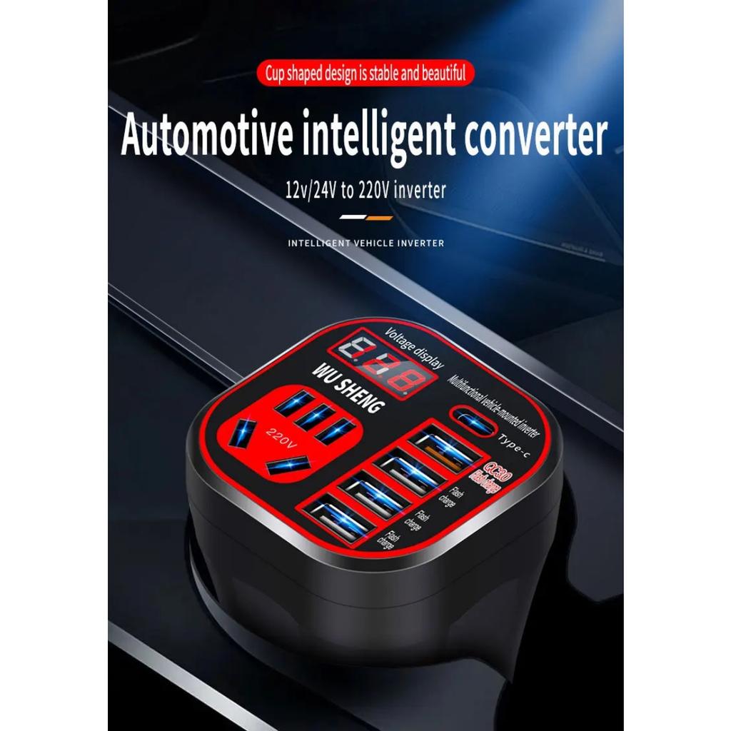 Автомобильный инвертор 24 В 12 В 220 В 120 Вт со светодиодным дисплеем 3, устанавливаемый в автомобиле инверторный преобразователь с чашкой, зарядное устройство QC, карманный инвертор