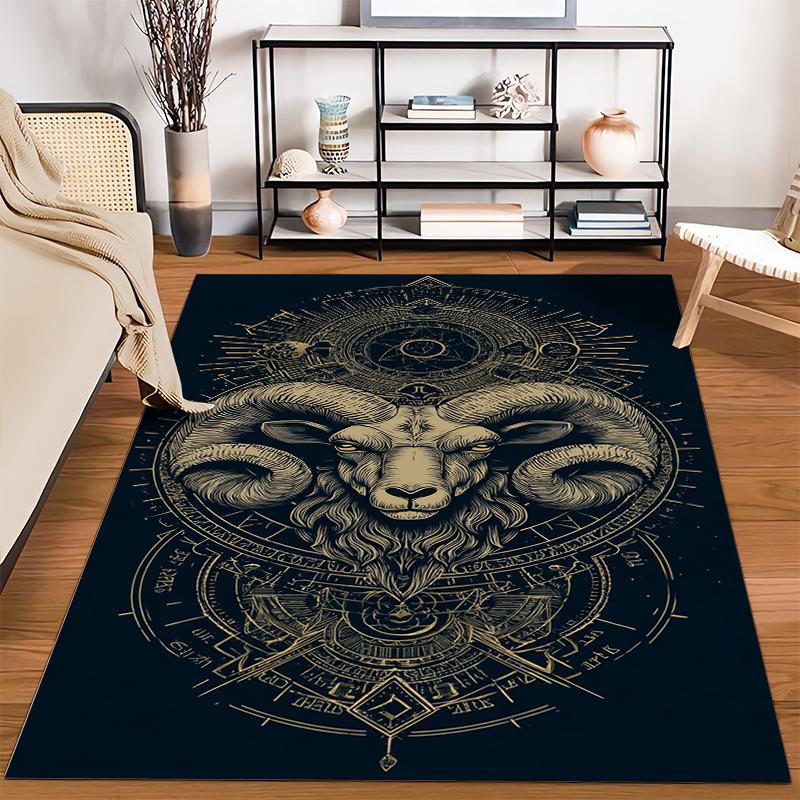 Golden Ram Head with Mystical Symbols Non-slip rug suitable for living room and bedroom sofas