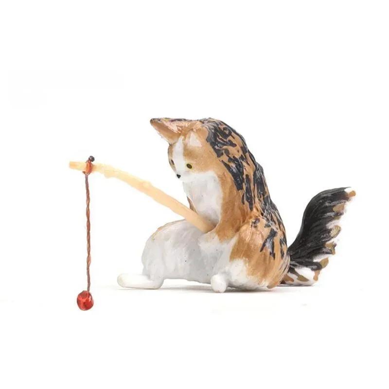 Украшения Кошка-рыболов Декорация для аквариума Ландшафтный дизайн с рыбами Статуэтка мультяшной кошки Миниатюрная смоляная фигурка Домашние украшения Миниатюры