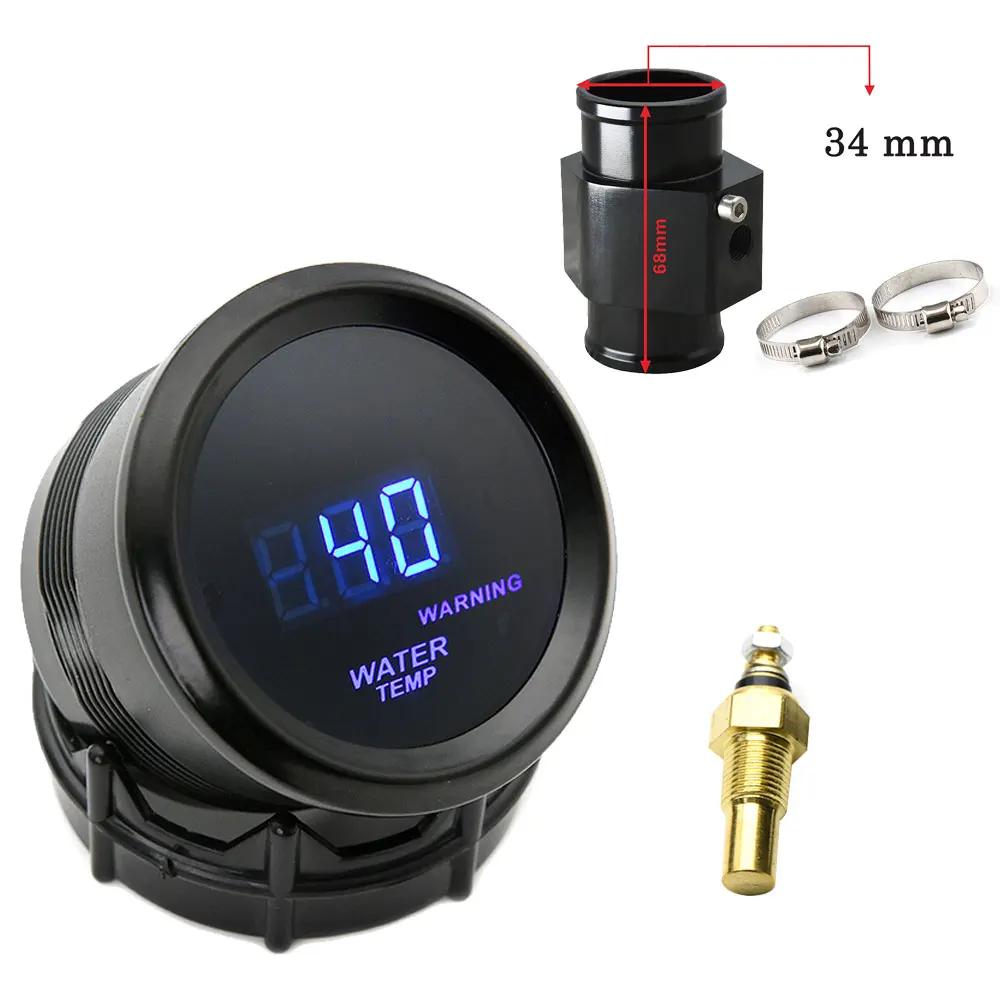 52mm Water Temperature Gauge Blue LED Light with 16mm-40mm Joint Pipe Adapter Black/Blue with Water Temp 1/8NPT Sensor