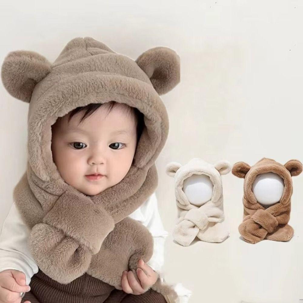 Soft Warm Baby Bear Plush Hat Winter Ear Protection Hats Cute One-Piece Hat Scarf  Boy Girls