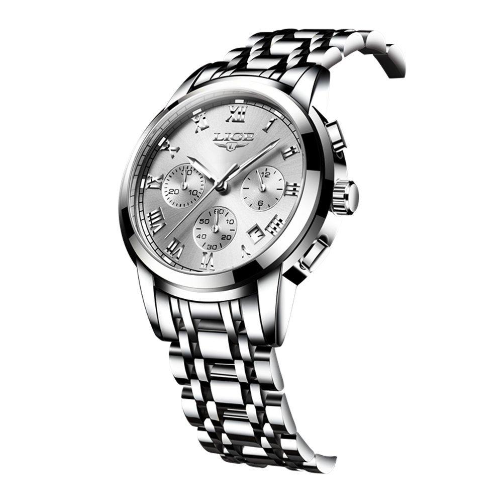 LIGE 9810 Часы Механизм Бизнес Водонепроницаемый Хронограф Полностью Стальной Кварцевый Светящийся Часы Белые Мужские