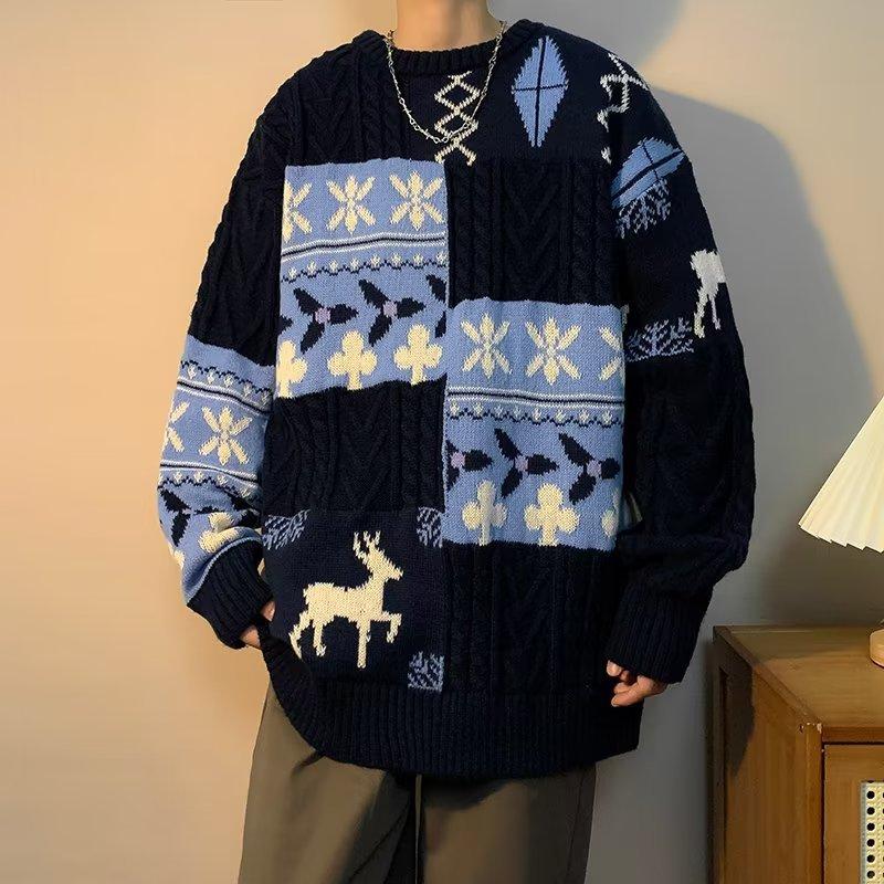 Sweater Men's Winter Thickened Lazy Base Knit Retro Stitched Warm Loose Thread Jacket